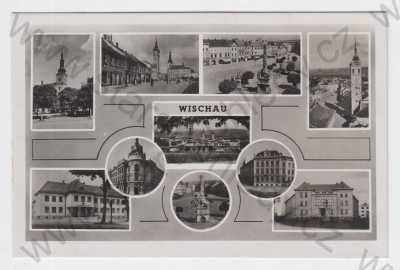  - Vyškov (Wischau), koláž, kostel, náměstí, morový sloup, radniční věž, celkový pohled, Fototypia-Vyškov