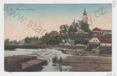  - Příbor (Freiberg), Nový Jičín, kolorovaná, částečný záběr města, kostel, řeka, splav, děti