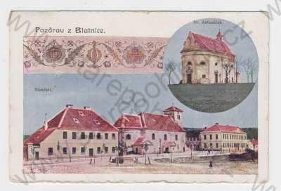  - Blatnice (Hodonín), kolorovaná, koláž, poutní kostel sv. Antoníček, náměstí, morový sloup