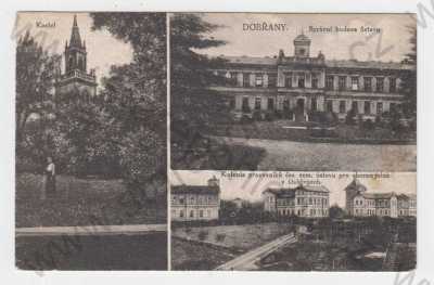  - Dobřany (Plzeň-jih), koláž, kostel, správní budova úřadu, kolonie pracovníků čes. zem. ústavu pro choromyslné v Dobřanech