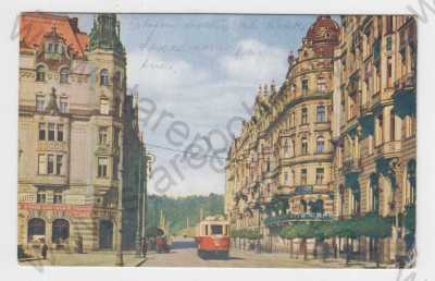  - Mikulášská třída-dnes Pařížská ulice (Praha 1), kolorovaná, tramvaj, celkový pohled