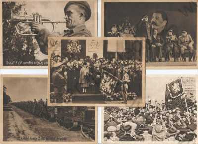  - 5x rok 1945, vítání prezidenta, trubač, tanky, Koněv..