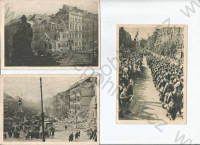  - 3x květen 1945, příjezd Rudé armády, pochod Československé armády, Václavské náměstí po leteckém útoku..