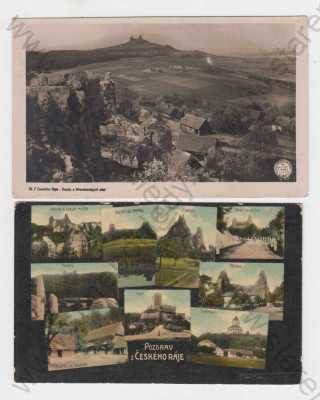  - 2x Český ráj (Semily), kolorovaná, koláž, Trosky a Skalní město, chaloupka pod Troskami, Kost-hrad, Humprecht-zámek