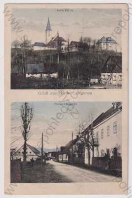  - Dolní Lánov (Nieder Langenau) - Trutnov, více záběrů, kostel, část města, pohled ulicí, pošta, kolorovaná