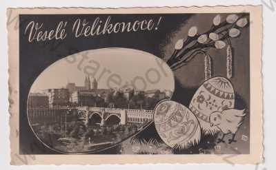  - Kolín, řeka, most, kostel, část města, Velikonoce, přání, kuře, kraslice, koláž