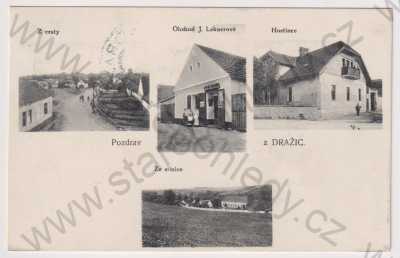  - Dražice (Tábor), více záběrů, pohled ulicí, hostinec, Obchod J. Leknerové, silnice