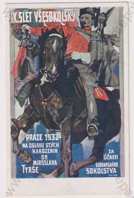  - Sokol, slet, Miroslav Tyrš - oslava stých narozenin, kůň, kolorovaná