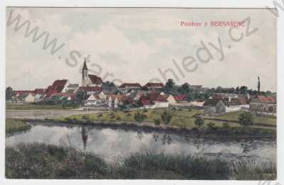  - Bernardice (Písek), kolorovaná, celkový pohled, kostel, řeka