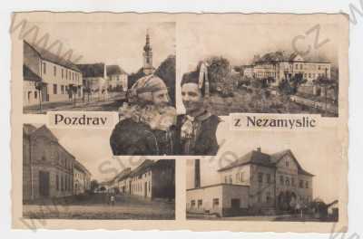  - Nezamyslice (Prostějov), koláž, částečný záběr města, kostel, pohled ulicí, družstevní mlékárna, žena, muž, kroj