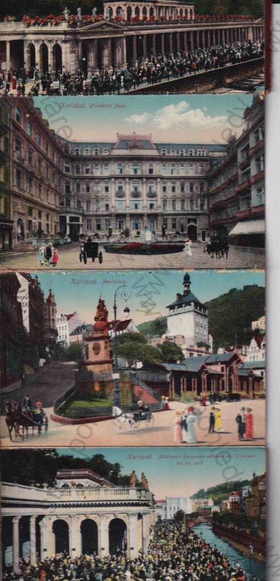  - 11x pohlednice - leporelo: Karlovy Vary - Karlsbad, hotel, lázeňský dům, kolonáda, náměstí, pramen, kolorovaná