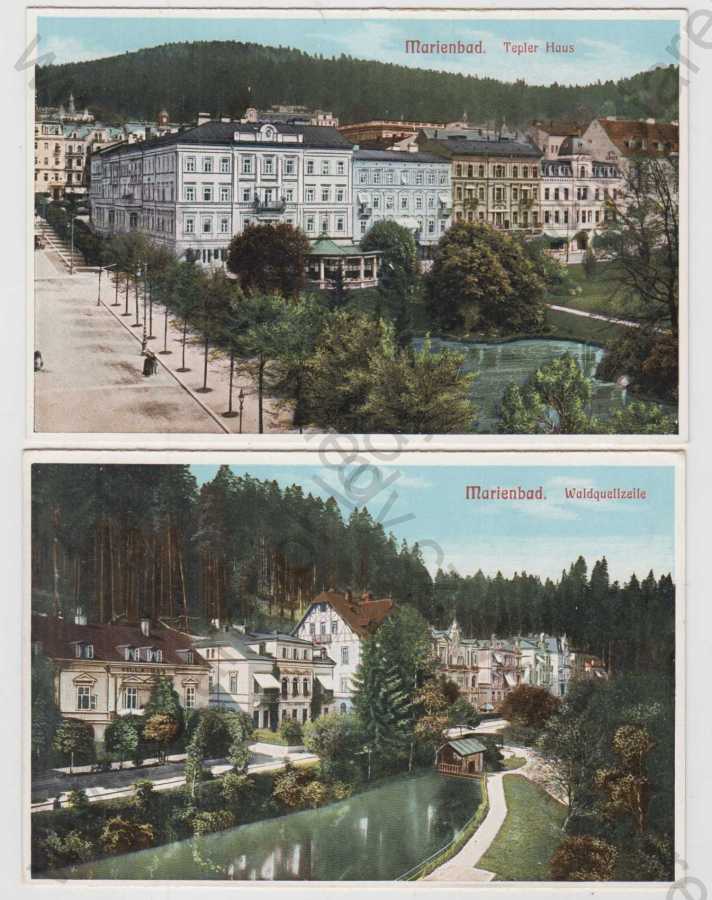  - 4x Mariánské lázně (Marienbad) - Cheb, řeka, loď, koupaliště, Tepler Haus, pramen, Waldquellzeile, kolorovaná