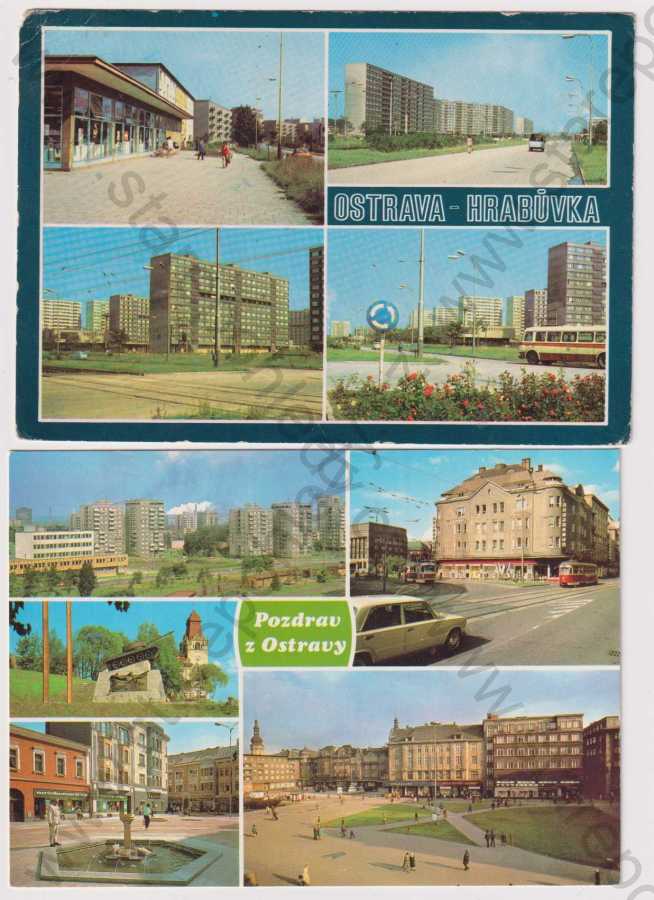  - 4x Ostrava, Náměstí Vítězného února, Dimitrova třída, Dům kultury pracujících, Hrabůvka, Sídliště Fifejdy, Módní dům Ostravica, Pomník osvoboditelů, Jiráskovo náměstí, Náměstí Lidových milicí, tramvaj, automobil, autobus, velký formát - Orbis, Pressfoto a Pravda